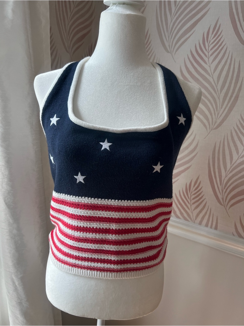 Hollister Navy Halter Tank with Red & White Stripes and Stars, Size L